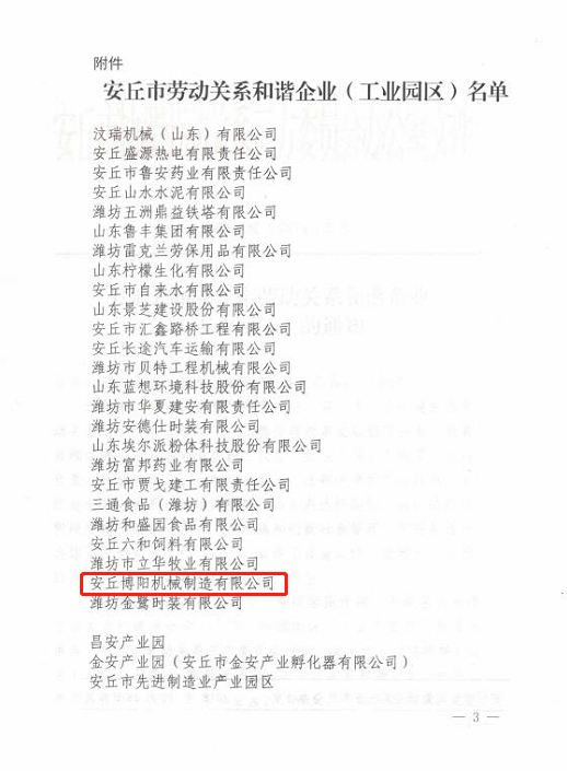 祝賀博陽機械被評為“安丘市勞動關係和諧企業”